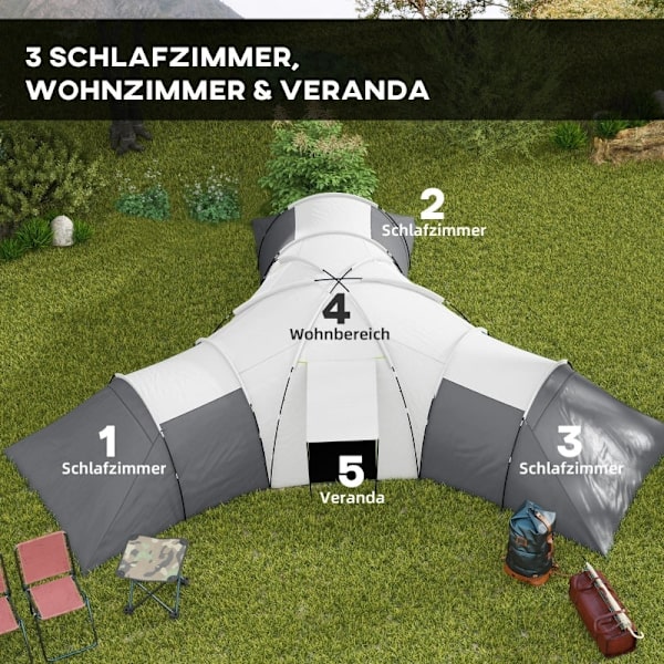 Rootz Campingtelt - Tunneltelt - Familietelt - Rummeligt - Holdbart - Vandtæt - 220L x 188W x 150H cm (soveværelse), 495L x 415W cm (Stue)