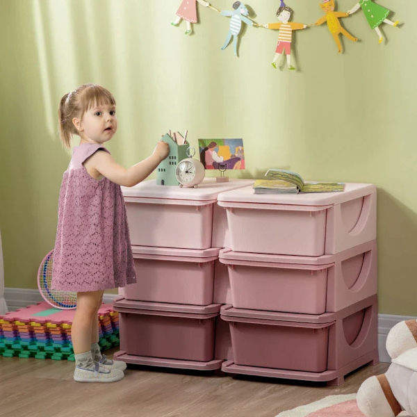 Rootz Kids Förvaringslåda - Barnrum - Rund poleringskant - 6 stora lådor - Vardagsrum - Leksaker+kläder - Rosa - 275L x 37W x 56,5H cm