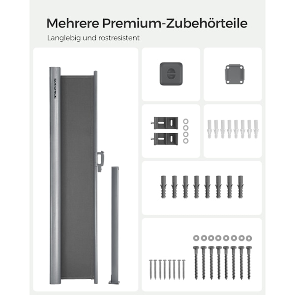 Rootz Sidemarkise - Privatskærm - Udendørs rullegardin - Aluminiumslegering - 200 cm x 300 cm - Nem montering - Antracit - 9 kg