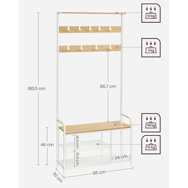 Rootz klädhängare - Ek Vit - Spånskiva stål - Entréorganisator - Förvaringslösning - Enkel montering - 30 cm x 85 cm x 180,5 cm