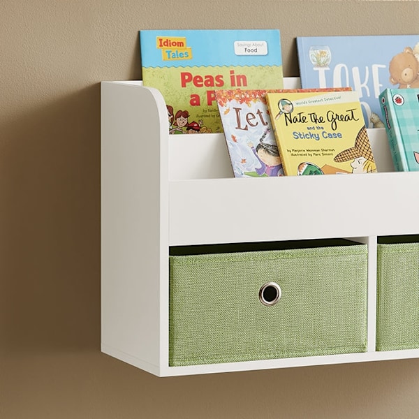 Rootz vägghängare för barn med förvaring - Bokhylla - Organiseringshylla - MDF-konstruktion - Dubbla förvaringsfack - Vikbara fleeceboxar - 60cm x 36c