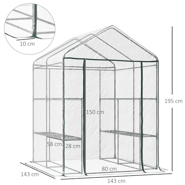 Rootz Walk-In Film Växthus - Trädgårdsskjul - Växtskydd - Förlänger växtsäsongen - 6 hyllor - Roll-Up dragkedja - 143cm x 143cm x 195cm