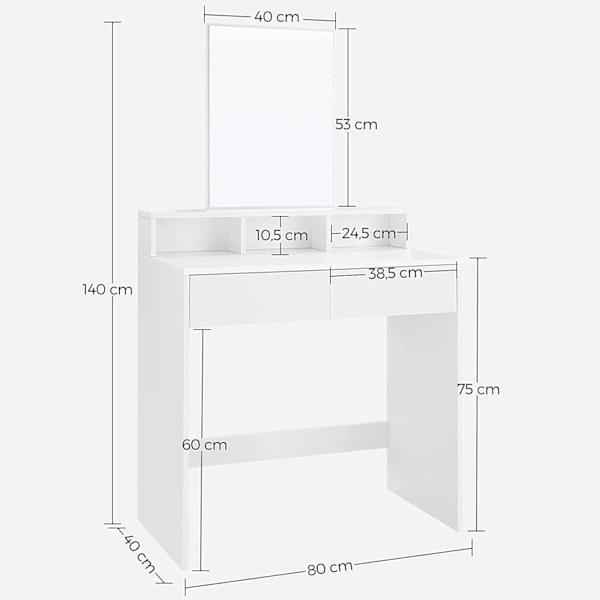 Rootz Toiletbord - Comestica Bord - Make-up bord - 2 skuffer - Spejl - Åbne rum - Forarbejdet træ - Hvid - 80 x 40 x 140 cm