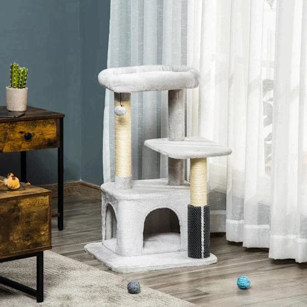 Rootz Skrapstolpe - Kattträd med massagehörna - Kattgrotta - Lekboll - Kattskrapstolpe - Sisalrep - Ljusgrå - 48 x 48 x 85 cm