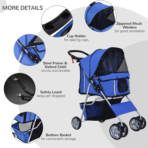 Rootz Dog Stroller - Pet Stroller - Dog Buggy - Dog Stroller For Travel - Foldable Pet Stroller - Dog Travel Buggy - Compact Pet Carriage - Blue - 75L