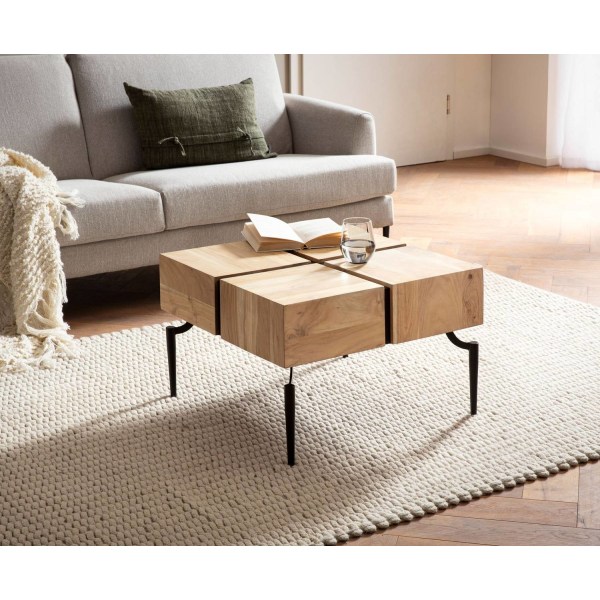 Rootz Sofabord - Massivt akacietræ - Moderne sofabord - Firkantet stuebord - Unikt håndlavet design - Beskyttende klarlak - Nem montering - 60 cm x 60