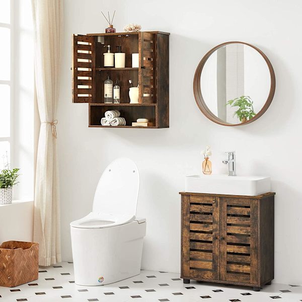 Rootz Väggskåp - Badrumsskåp - Förvaringsskåp - 2 dörrar - 1 öppet fack - Brun - Bearbetat trä - Industriellt - 60 x 20 x 70 cm