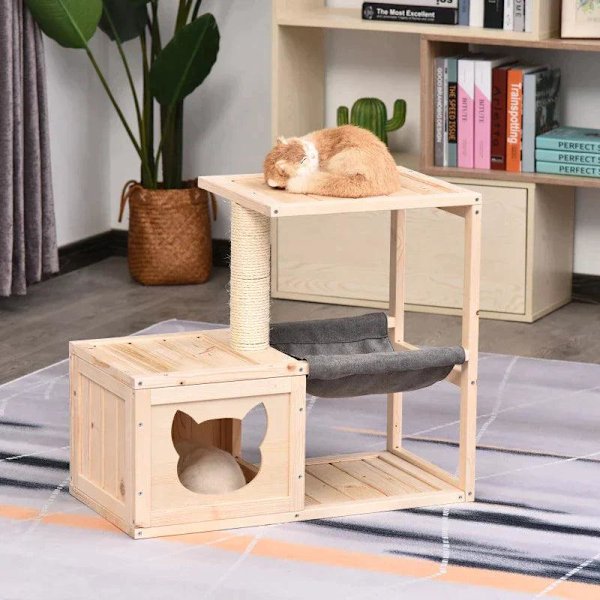 Rootz Cat House - Cat House with Hammock - Cat Cave - Cat Tree - Cat Activity Center - Gran Wood - Naturlig - 70 x 35 x 60 cm