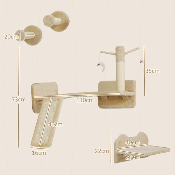 Rootz Cat Climbing Wall Set - Väggmonterat kattträd - Cat Activity Center - Utrymmesbesparande design - 110cm x 56cm x 73cm