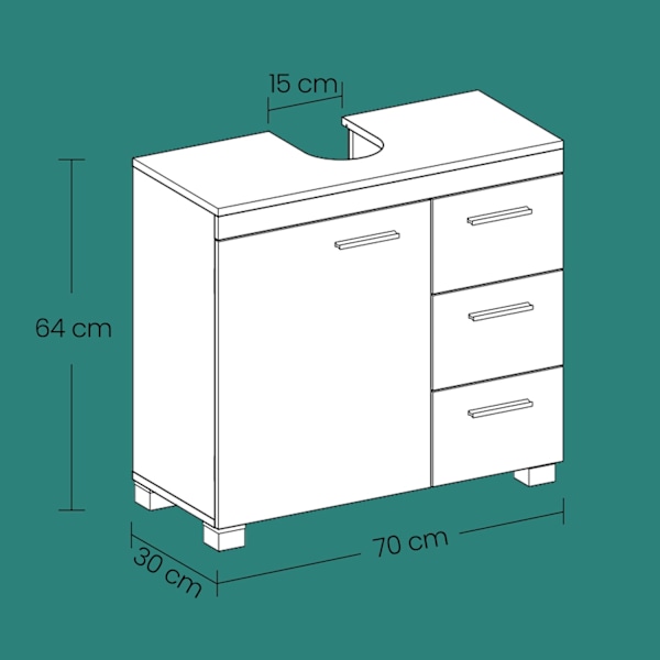 Rootz Sink Cabinet - Badeværelsesskab - Vanity Cabinet - 3 store skuffer - MDF - 30x70x64cm