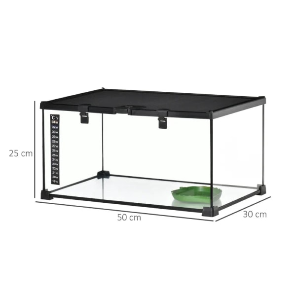 Rootz Reptile Box Terrarium - Sisältää nauhalämpömittarin - Ruokintaläpät - Lasi + metalli - Musta - 50 cm x 30 cm x 25 cm