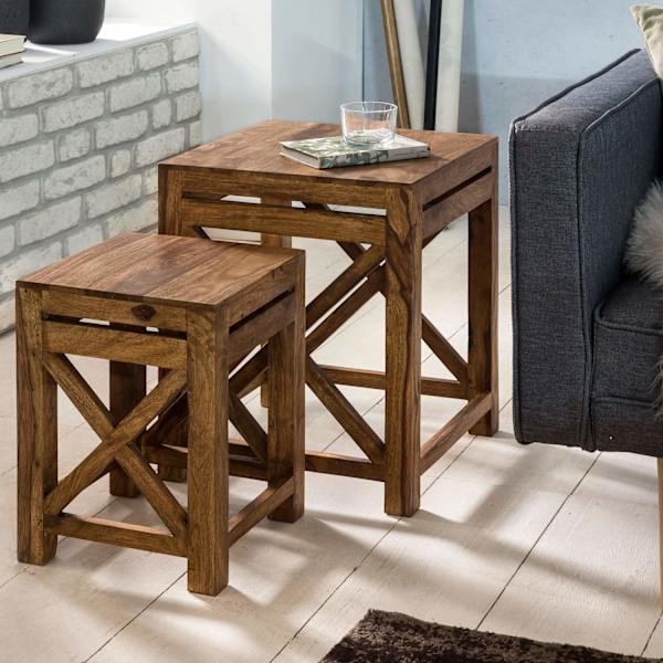 Rootz set med 2 sidobord i massivt trä sheesham vardagsrumsbord design mörkbrunt soffbord i lantlig stil