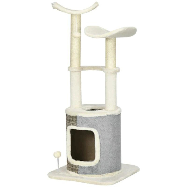 Rootz skrapstolpe - Med kattgrotta - Kattträd - Två plattformar - Två skrapstolpar - Plyschöverdrag - Krämvit - 48 x 48 x 110 cm