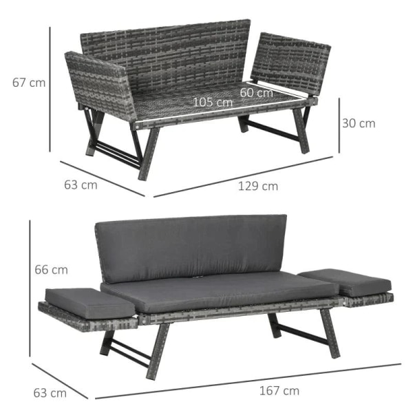Rootz Trädgårdssoffa - 2-sits Trädgårdssoffa med hopfällbara armstöd - Grå - 129 x 63 x 67 cm