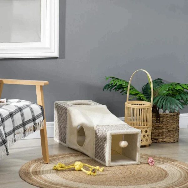 Rootz Cat Tunnel - 2 Cat Caves - Katteseng - Ridsepuder og kuglelegetøj - Spånplade/Fluff/Sisal - Brun/Beige - 98cm x 30cm x 30cm
