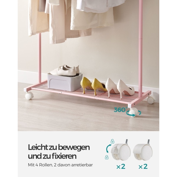 Rootz Pastel Pink tøjstativ på hjul - Tøjstativ - Rullegarderobe - Stålkonstruktion - 40,5 cm x 91 cm x 158 cm - Letvægts - Nem montering - Høj vægtka