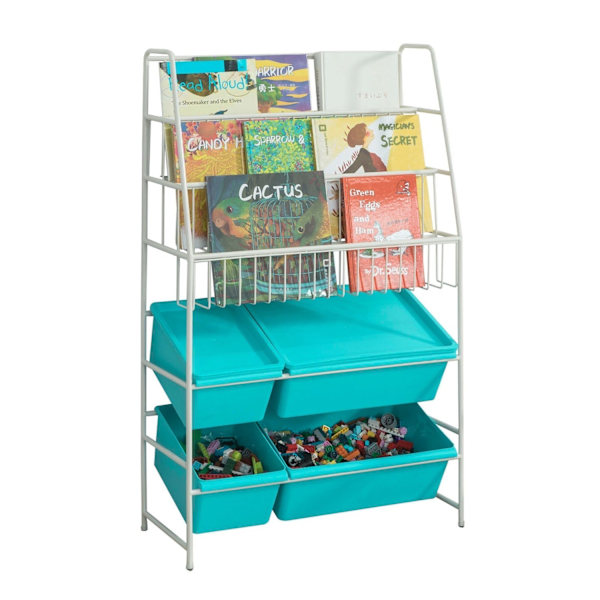 Rootz børnebogreol med legetøjsopbevaring - Organizerhylde - Børnereol - Holdbart metal og PP-plast - Forstærkede stabile fødder - 61 cm x 102 cm x 25