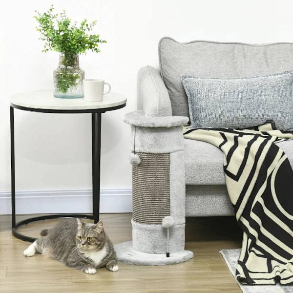 Rootz Cat-kradsestolpe - Inklusiv 2 bolde - Overdækket plys - Legebolde - Blødt plys - Spånplade - Hjørnevægge - Grå - 34L x 25,5W x 58H cm
