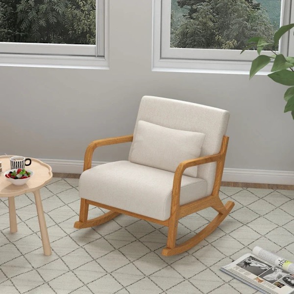 Rootz gungstol - Retrodesign - Gummiträ - Imiterat linne - Flerskiktsbräda - Beige + Brun - 64,5 cm x 92 cm x 81,5 cm