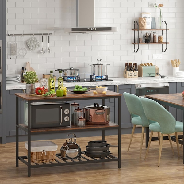 Rootz Kitchen Island 3 tasolla - Vintage Ruskea-Musta - Puulastulevy - Teräs - 120cm x 60cm x 90cm - 26,5kg - 30kg Kapasiteetti per hylly