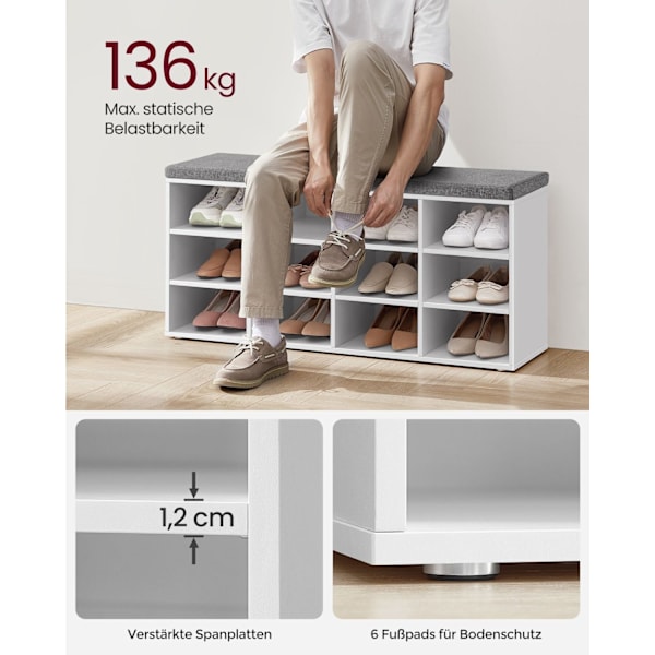 Rootz skobænk med opbevaring - Entryway Organizer - Klassisk hvid - Spånplade - Skum - Imiteret linnedbetræk - 30,3 cm x 78,5 cm x 48 cm - 136 kg Max