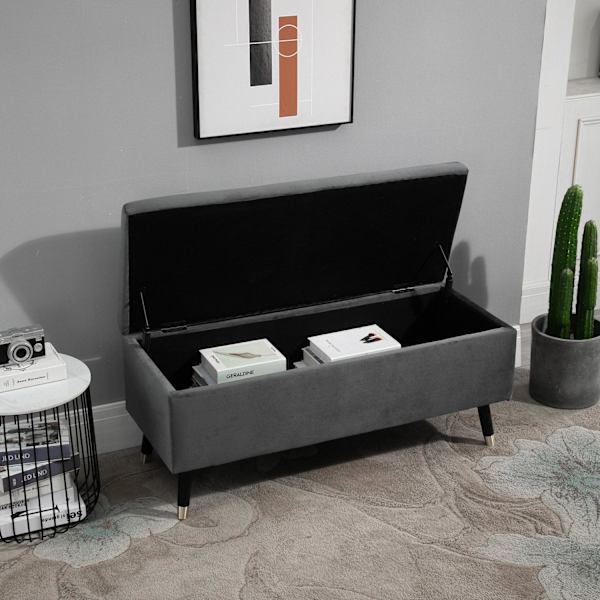 Rootz Hocker - Taburet - Skobænk - Opbevaringsboks - Gummitræ - Antracit - Grå - Stof - 110 x 43 x 45 cm
