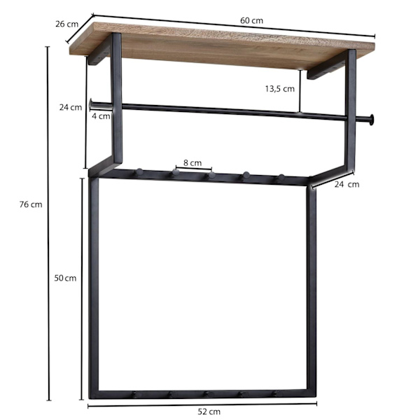 Rootz design seinävaatekaappi mango massiivipuu metalli 60x76x26 cm - Koukkutanko hyllyllä ja vaatetanko - Eteisen vaatekaappi vaatekaappi seinäpuuta