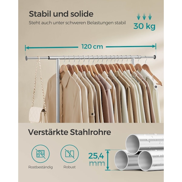 Rootz justerbar tøjstativ på hjul - Tøjstativ - Rullende garderobestativ - Stål og plastik - 40 cm x (83-120 cm) x 156 cm - 2,9 kg