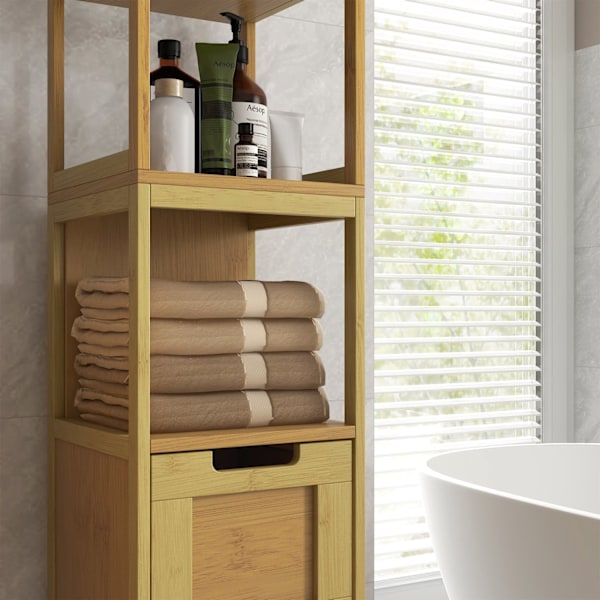 Rootz Badrumskolumnlagring - Mysig stil - Arrangör - 3 hyllor och 2 lådor - Bambu Elegance - 30b x 30t x 144h cm