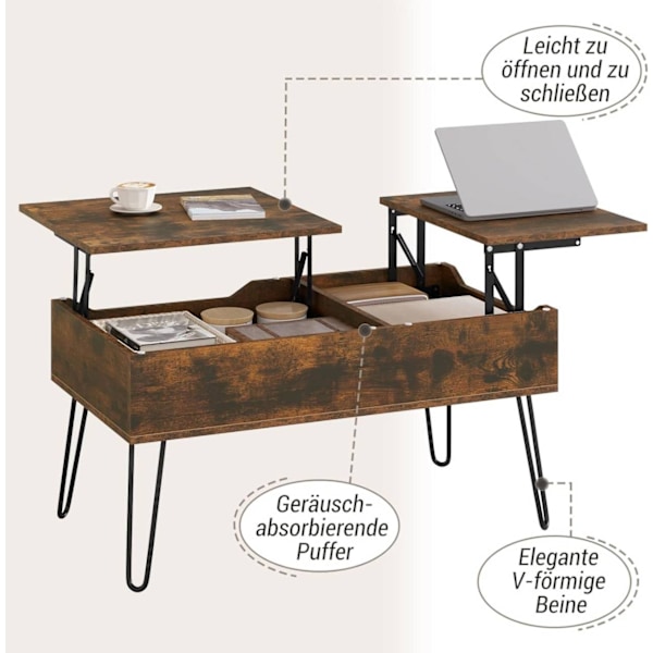 Rootz Lift Top Soffbord - Hisskontorsbord - Justerbart soffbord - Dold förvaring - Massivt trä - 115cm x 60cm x 75cm