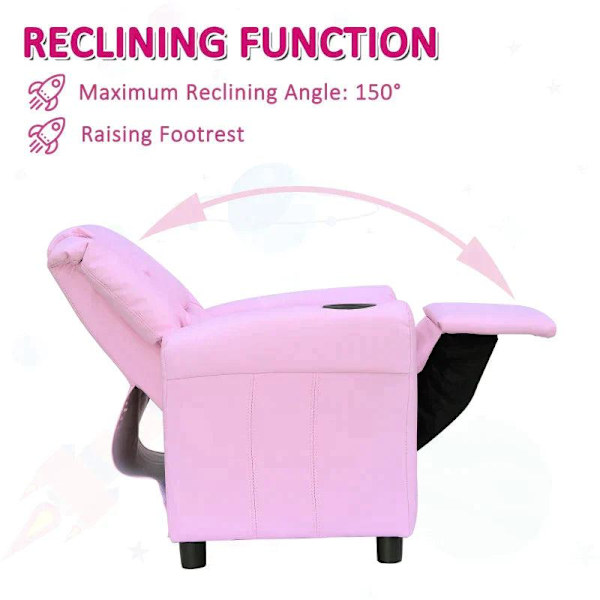Rootz Barnfåtölj - Minifåtölj - Barnsoffa - Liggfåtölj - Liggfunktion - Inbyggd mugghållare - Rosa - 62 x 52 x 69 cm