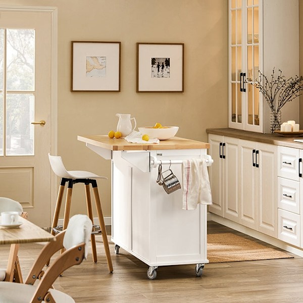 Rootz Kitchen Island Cart - Udvidelig bordplade - Køkkenvogn - Opbevaringsskab - Justerbare hylder - Håndklædeholder - Mobil med 5 hjul - Hvid - 115cm