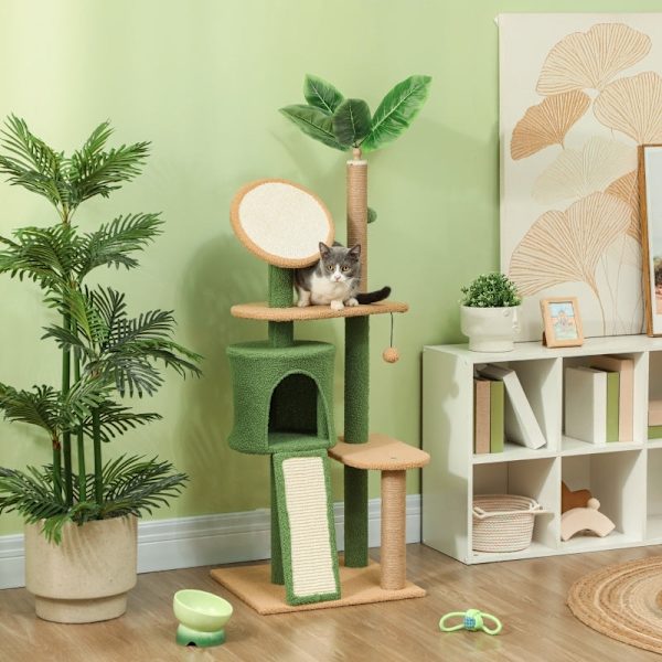 Rootz Cat Tree med konstgjorda löv - Skrapstolpe - Lekcenter - Plysch & Jute Comfort - 48L x 44W x 139H cm