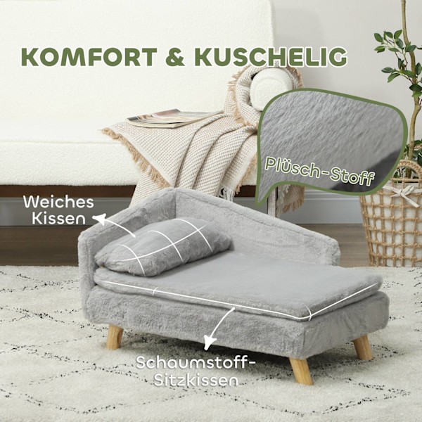 Rootz Dog Sofa - Pet Couch - Caninsäte - Mjuk plyschkomfort - 70 x 42,5 x 38,5 cm grå