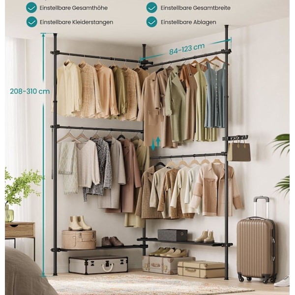 Rootz justerbar tøjstativ - Beklædningsstativ - Matsort - Stål og plastik - 33,5 cm x (162-238) cm x (208-310) cm - 9,7 kg - 92,5 kg Kapacitet