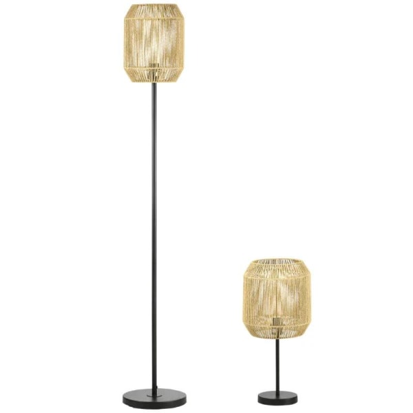 Rootz gulvlampe - Sengelampe - 2-delt lyssæt - 1 gulvlampe - 1 bordlampe - Metal/papirsnor - Natur/sort - 38cm x 38cm x 158cm