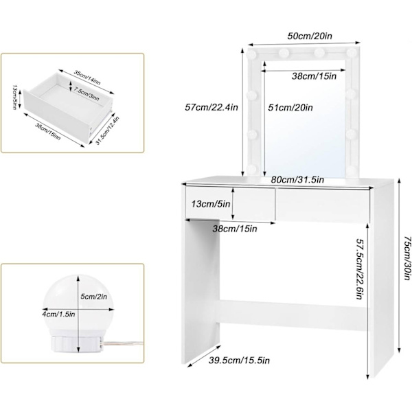Rootz Justerbart LED-ljus Sminkbord - Sminkbord - Makeup Station - Ljusstyrka - Gott om förvaring - Hållbar konstruktion - 80 cm x 132,5 cm x 39,5 cm