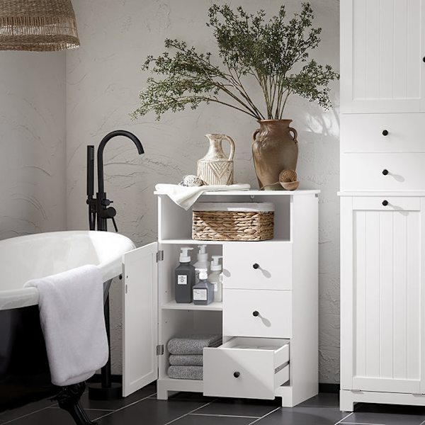 Rootz Badeværelseskommode - Opbevaringsskab - Hallskab - Justerbar hylde - Anti-tip sikkerhed - Rummeligt design - 60 cm x 86 cm x 33 cm
