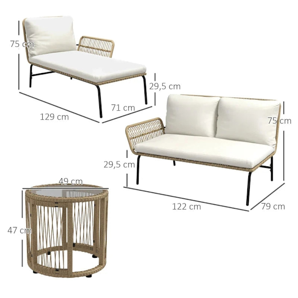 Rootz Havesiddegruppe - Loungemøbelsæt - Liggestol - Glasplade - PE Rattan - Naturlig + Cremehvid - 122 x 79 x 75 cm