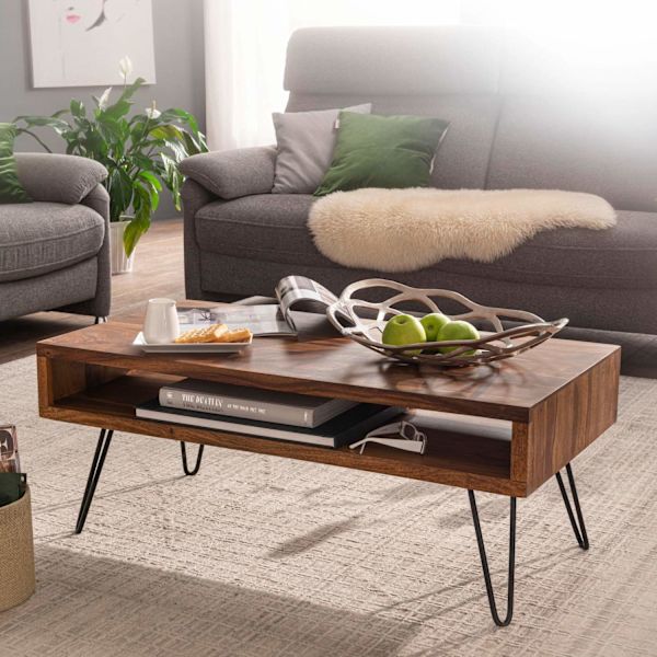 Rootz sofabord 100x40x50 cm Sheesham massivt træ - metal sofabord - Design sofabord rektangulært Massivt sofabord - Stort bord stue