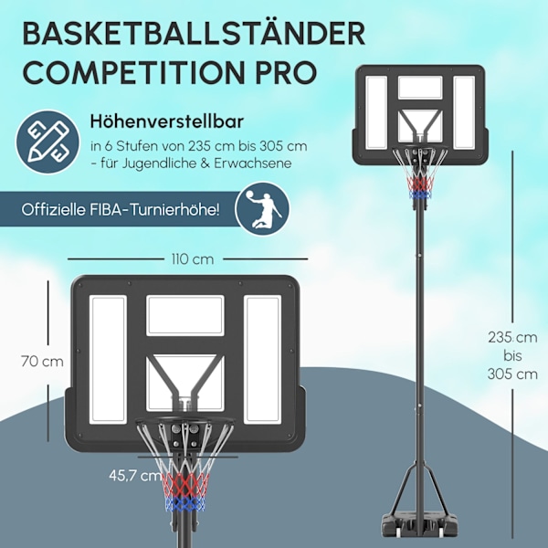 Rootzin koripallojalusta - Hoop System - Säädettävät korkeudet - jousikuormitettu kori - 2,35-3,05 metriä - 110x75cm takapaneeli - Mobiili suunnittelu