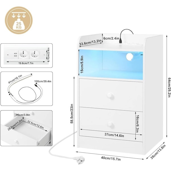 Rootz Sängbord med Power Strip och LED Bar - Nattduksbord - Laddningsbord - E1 Trämaterial - 40cm x 64cm x 35cm