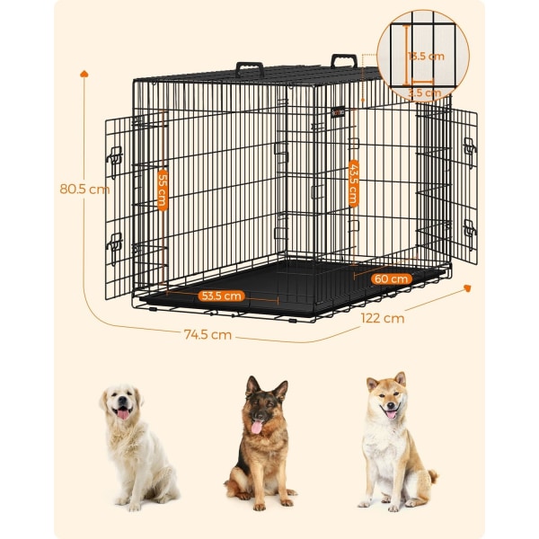 Rootz Iron Wire Dog Crate - Djurbur - Valphägn - Träningskennel - Järntrådskonstruktion - ABS-plast - 122cm x 81cm x 76cm