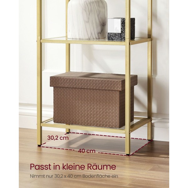 Rootz 5-vånings metallic guld Transparent glashylla - Displayställ - Förvaringsställ - Härdat glas - Stålram - 30,2 cm x 40 cm x 183,5 cm - Lättvikt -