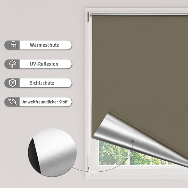 Rootz Blackout Rullegardin - Termisk vinduesskærm - Solbeskyttelse - UV-beskyttelse - 100 % polyester - 40-120 cm x 160/210 cm - Taupe