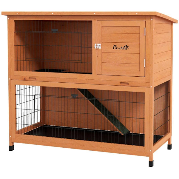 Rootz Smådjurshus - Gnagarbur - Väderbeständig - Kaninbur - 2 golvbrickor - Granträ Stål - Orange - 123l X 63w X 112h Cm