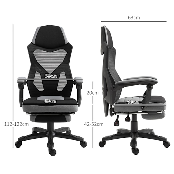 Rootz Office Chair - Gaming Chair - höjdjusterbar - Ergonomisk - Mesh Comfort - 58W x 63d x 112-122h cm - Grå och svart