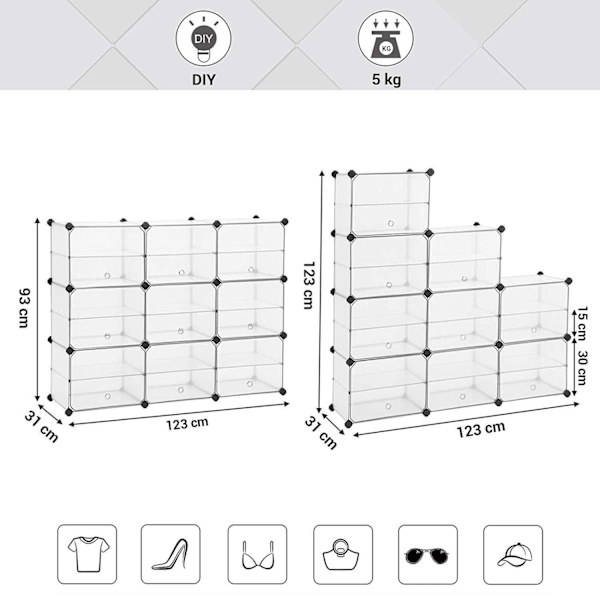 Rootz Skoskab Transparent - Opbevaringsskab - Transparent Hyldeskab - Skoskabe - 9 par sko - 123 x 31 x 93 cm