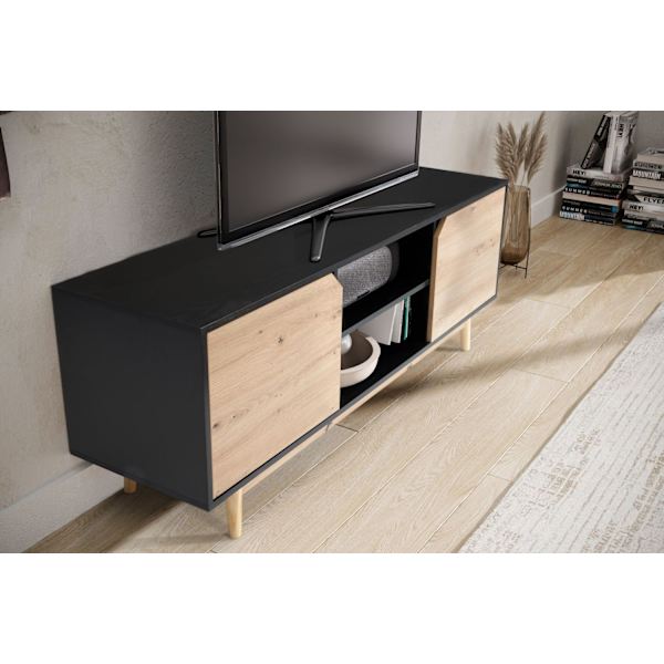 Rootz Lowboard TV Kaappi - TV lipasto - Viihdeyksikkö - Moderni musta tammi - Tilava säilytystila - Kaapelien hallinta - Lattian suojaus - 150cm x 40c