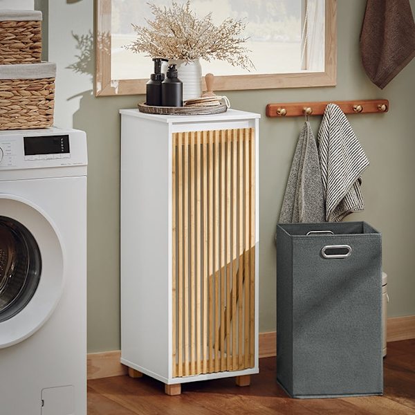 Rootz-pesukaappi taitettavalla pussilla - Pyykinkeräin - Kylpyhuoneen säilytys - Kestävä bambu- ja MDF-rakenne - Helppo kuljettaa -kahvat - 32 cm x 85